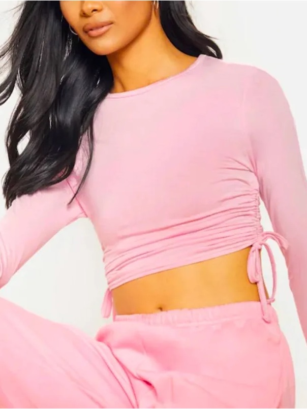 Pretty Little Thing Baby Pink Jersey Ruched Side Long Sleeve Nwt